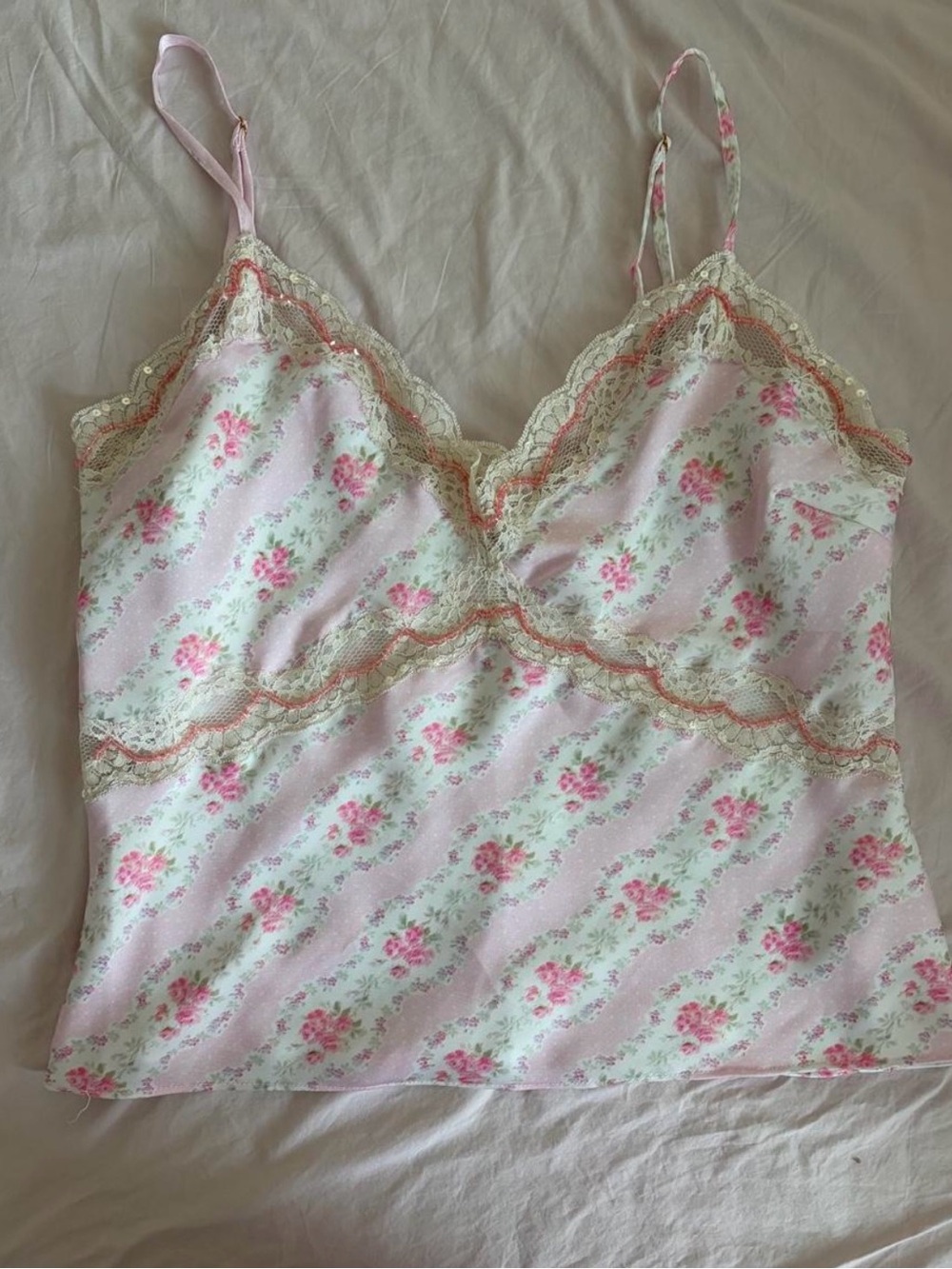 LoveShackFancy Pink Floral Lace-Trim Camisole - Picture 2 of 3